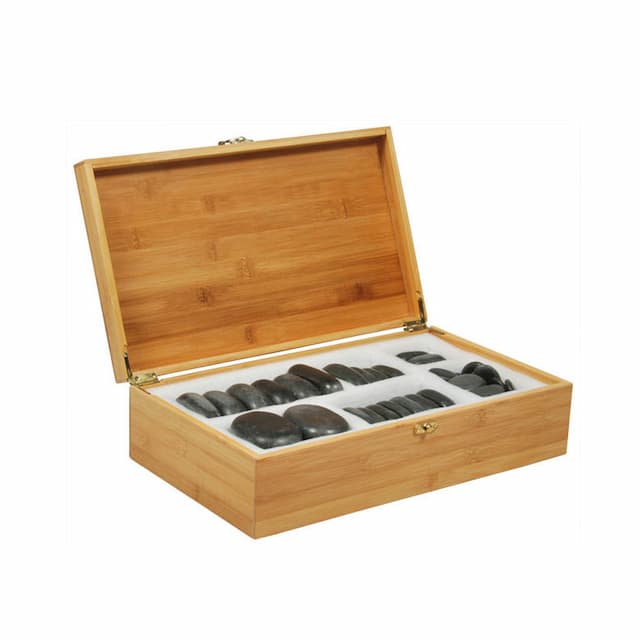 Набор массажных камней из базальта в коробке из бамбука Med-Mos (36 шт.) НК-1Б